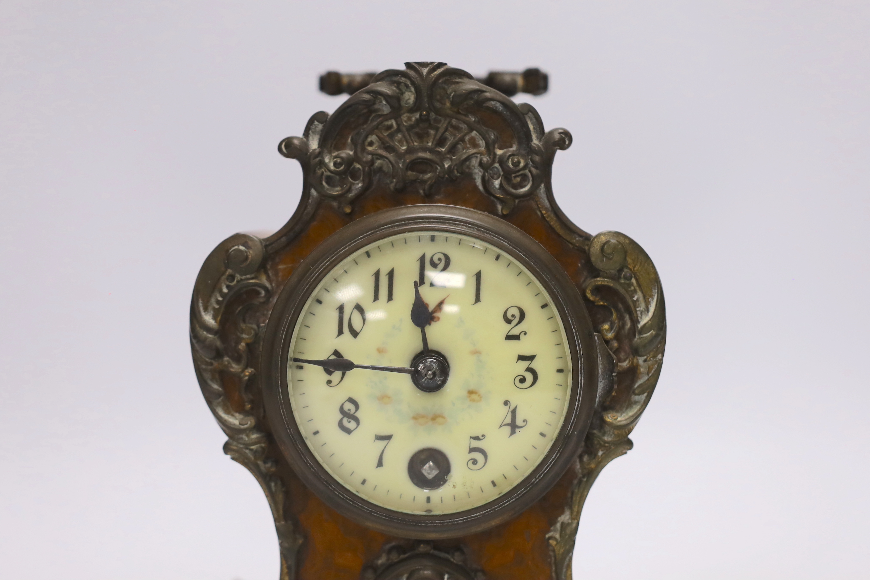 A small brass mounted mantel timepiece, German movement, with key, 18cm